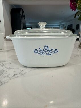 Vintage Corningware White Casserole with Blue Floral Motif and Glass Lid